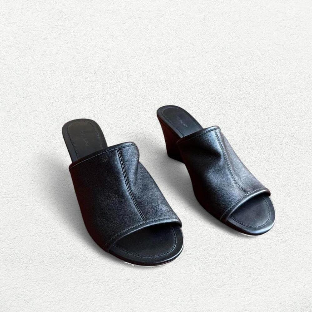 St. Agni Bandeau Wedge Sandal Heels in Black Leather